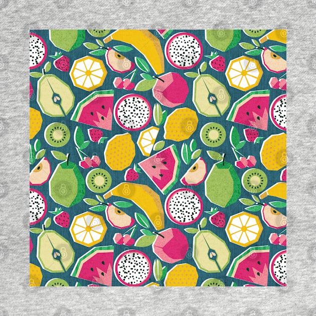 Paper cut geo fruits // pattern // teal background by SelmaCardoso